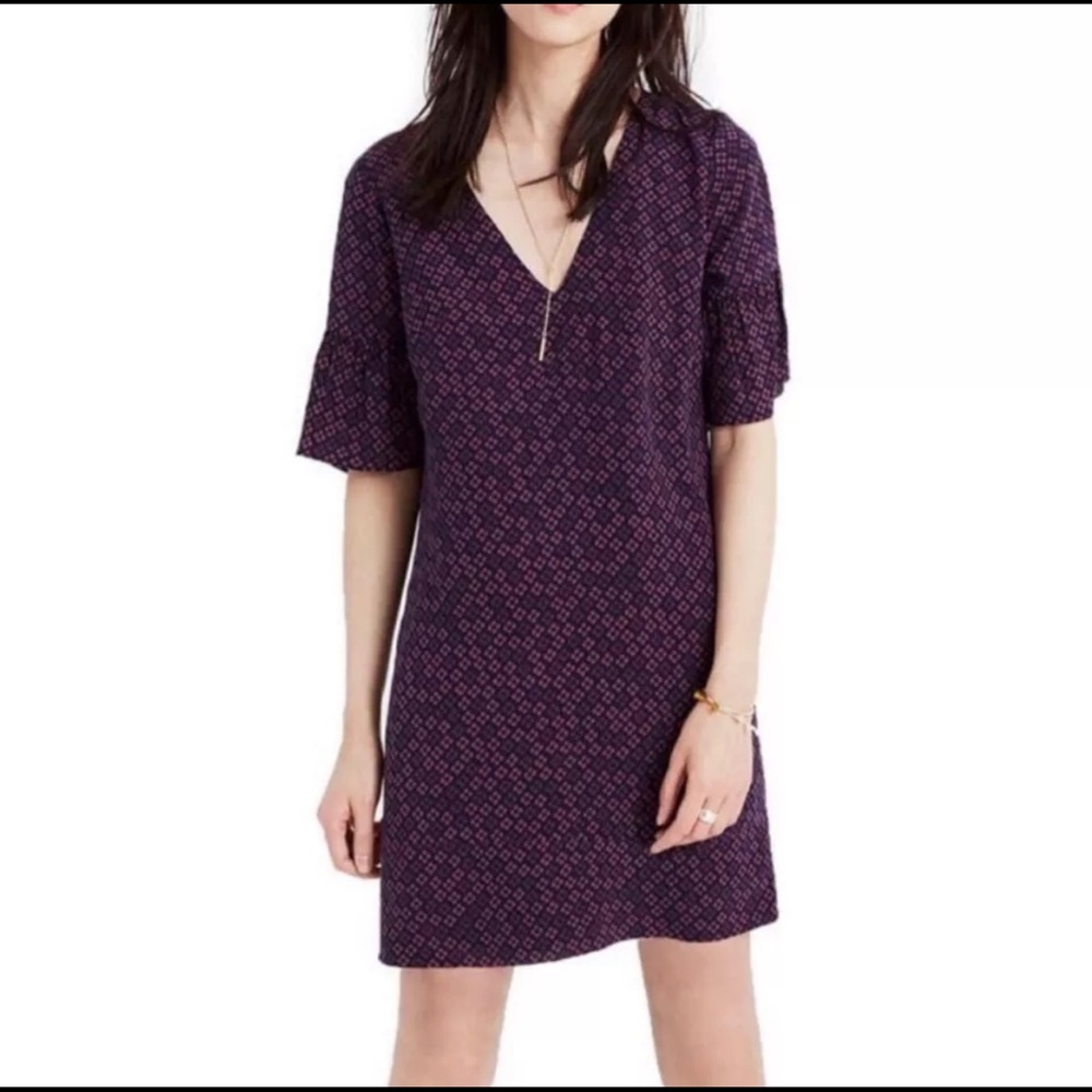 Madewell Women's Silk Bell-Sleeve Painted Clover Purple Dress Size 2‎